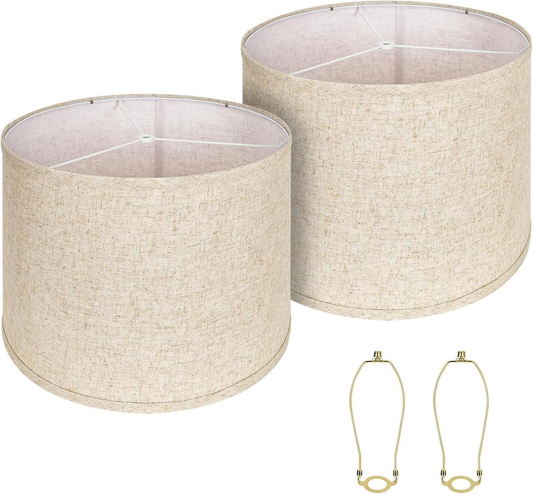 Large Lampshades Set of 2 Drum Lamp Shades 15" Top X 15" Bottom X 12" High, Large Lamp Shade Spider Fitter Brown Lampshades Come with 10" Height Gold Lamp Shade Holder Set of 2 Easy Assembly Required