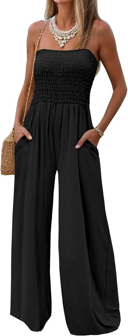 AUXDIO Womens Casual Strapless Summer Jumpsuits Loose Off Shoulder Smocked Sleeveless Wide Leg Romper with Pockets (Small, Black)