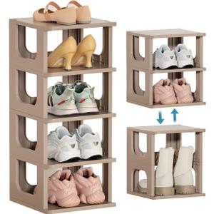 Narrow Shoe Rack - 5 Tiers Stackable Shoe Storage Stand for Entryway Hallway and Closet Durable Shoe Shelf Space Saving Boots Storage and Organization Stylish Small Shoe Cabinet No-Tool Assembly Khaki