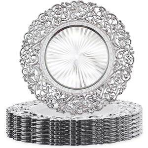 13 Inch Silver Plastic Charger Plates Set 12 Pack, Elegant Round Disc Chargers for Table Setting, Decorative Placemats for Regular Dinner Plates, Holidays, Events, and Entertaining (Design B)