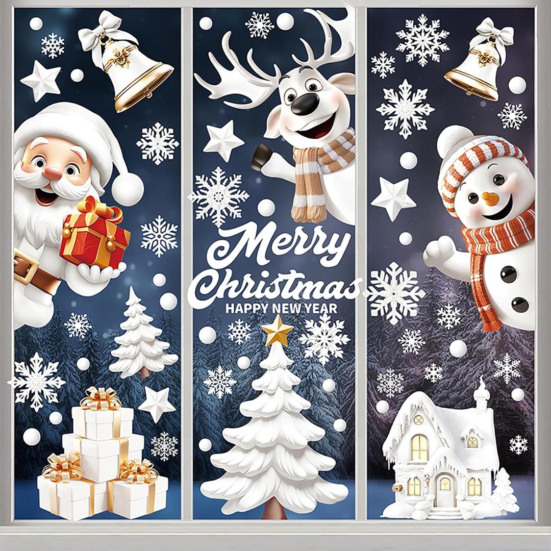 2 x 146Pcs Christmas Window Clings - Snowflakes, Santa Claus, Reindeer Decals - Static Window Stickers for Christmas Decorations, Ornaments, Holiday, Winter, Xmas Party Supplies