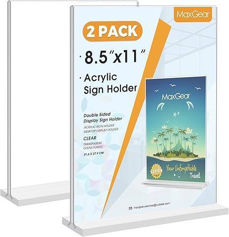 MaxGear Acrylic Sign Holder 8.5x11 Inches 2 Pack, Double Sided Clear Display Stand Table Top Paper Holder, Vertical Menu Flyer Stand, Plastic Frame for Stores, Restaurants, Hotels, Office