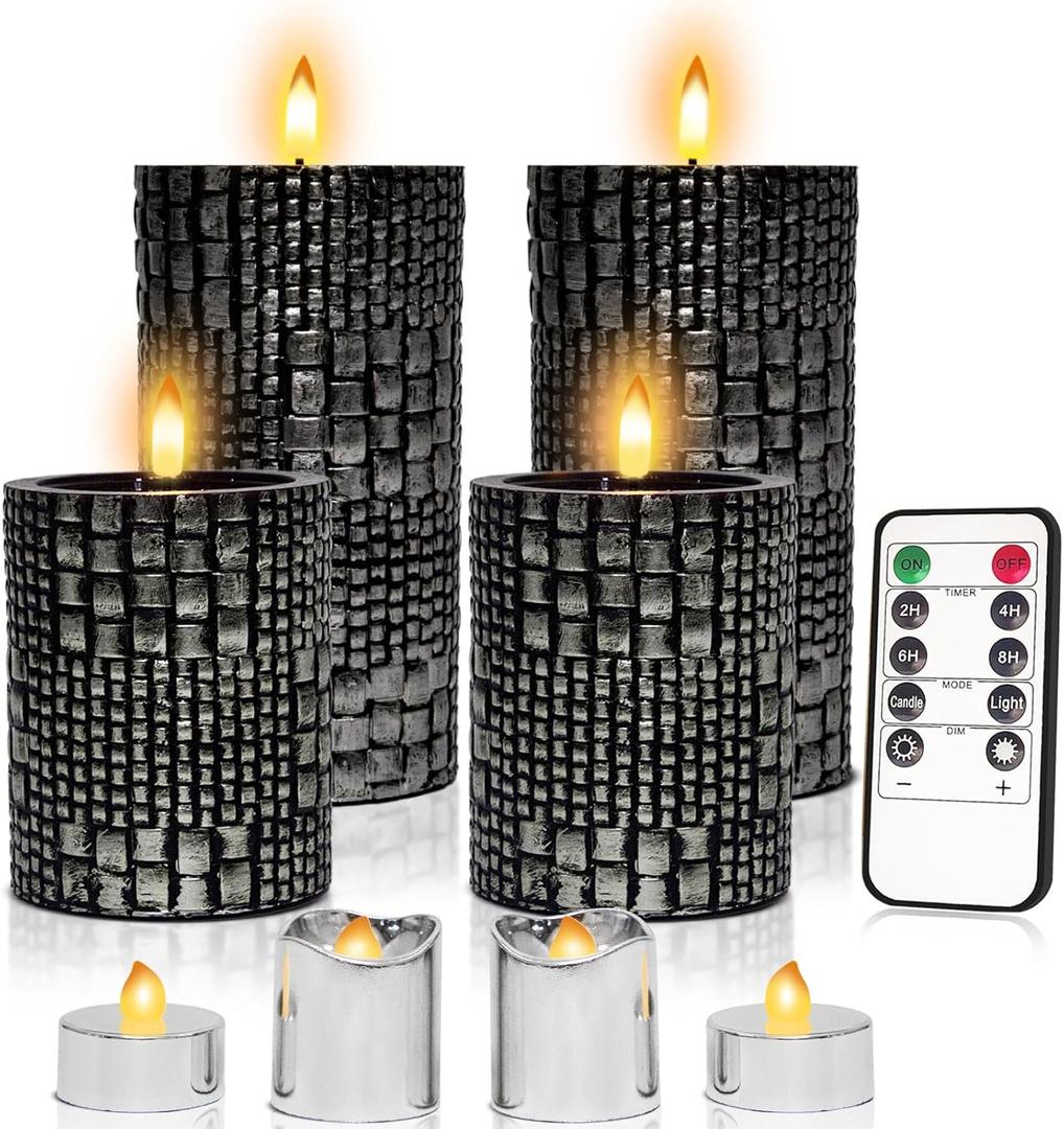 Flameless Candles with Remote, Battery Operated Flickering Flameless Candles, Pack of 8 Black LED Candles with Timer, 4 Pillars Candles and 4 Votives Candles Set for Wedding, Holiday, Party