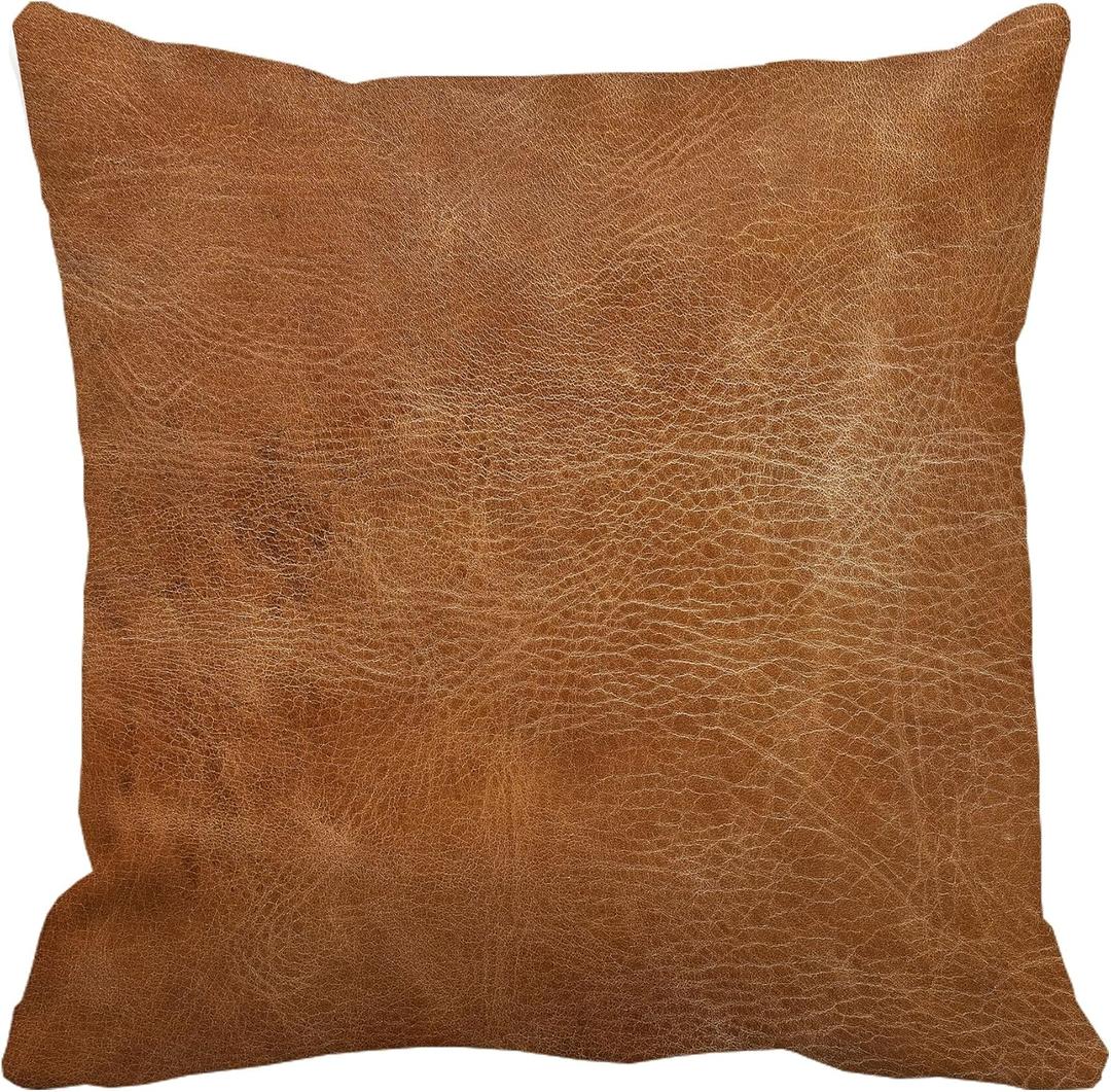 Brown Leather Print 18x18 Inch Throw Pillow Cover, Western Southwestern Decorative Faux Cowhide Cowskin Cushion Case, Rustic Farmhouse Soft Pillowcase for Home Room Bed Couch Decor