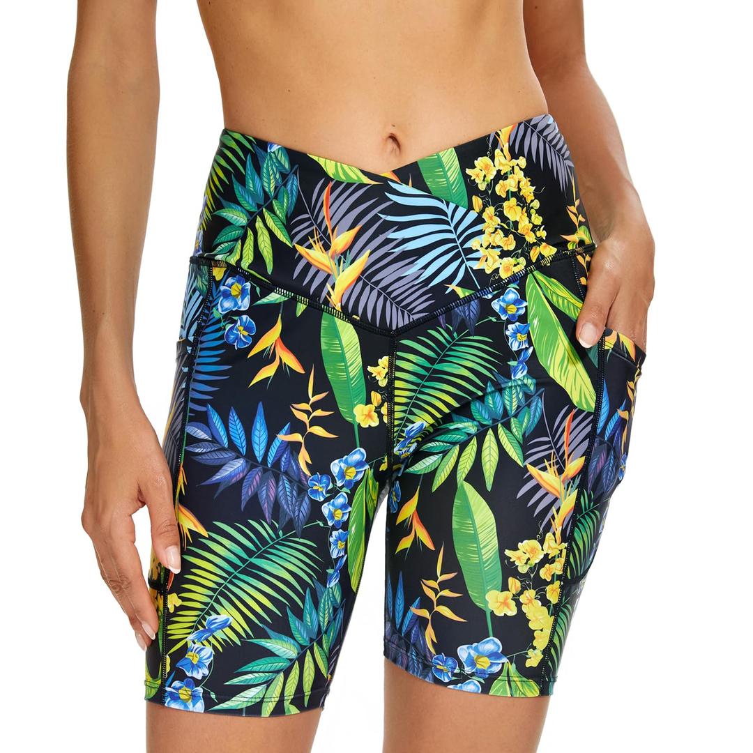 Cagola Swim Board Shorts Women 9" Swimwear Tummy Control Swimming Shorts Cross High Waisted Swimsuit Bottoms Green Leaf XX-Large