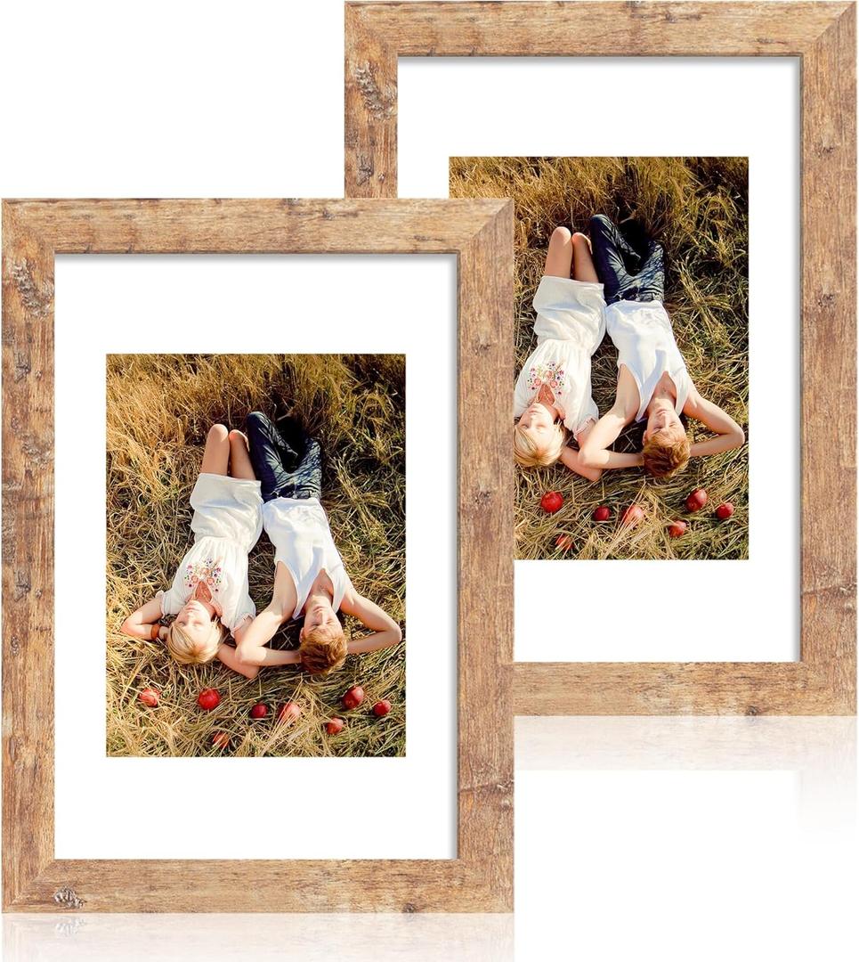 iRahmen 8x12 Picture Frame Set of 2, Rustic Brown Wood Frame with High Definition Glass, Display Pictures 6x8 with Mat or 8 x 12 without Mat for Horizontal or Vertical Tabletop and Wall Mounting