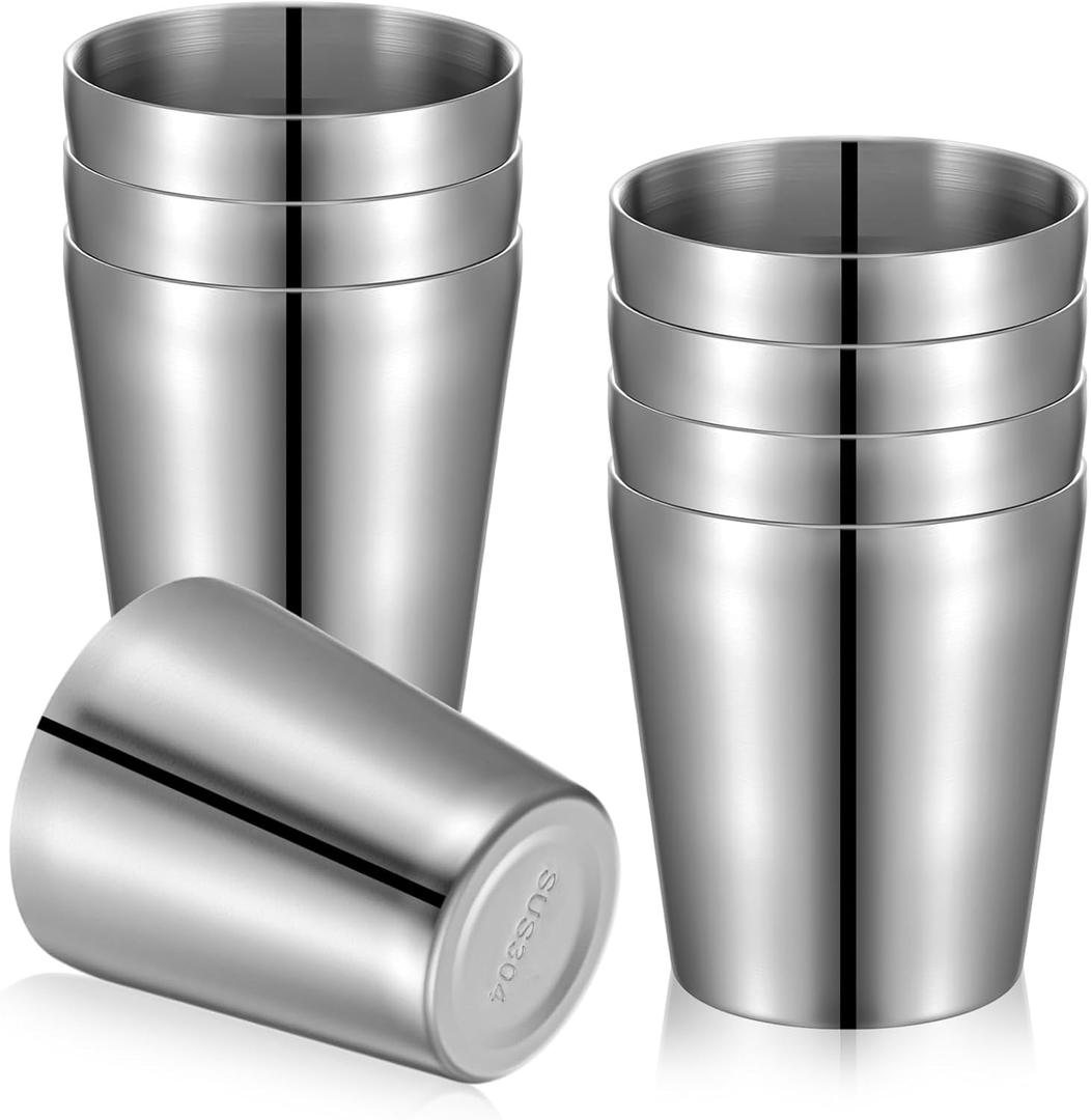 8 Pack 10 oz Stainless Steel Insulated Cups, Double Wall Vacuum Metal Tumbler Stackable Camping Drinking Water Glasses Unbreakable Reusable Mugs for Travel Indoor Outdoor Party Supplies(Silver)