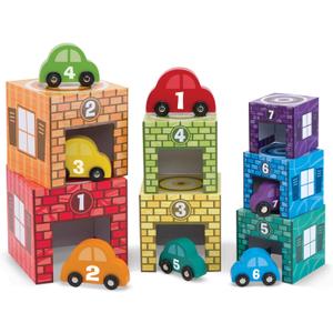 Melissa & Doug Nesting and Sorting Garages and Cars with 7 Graduated Garages and 7 Stackable Wooden Cars - FSC Certified