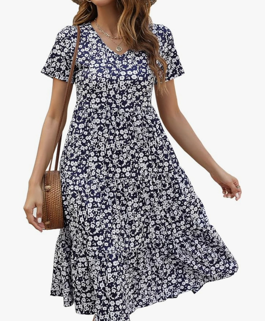 Berydress Women's Casual Summer Tiered Midi Dress 2025 Short Sleeve V-Neck Loose Cotton Ruffle Babydoll Dress Boho Sundress Smal