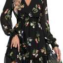 Prettywear Women's Floral Chiffon Long Sleeve Mini Dress Flowy A-Line Wrap Neck Tie Back Short Dress, Large