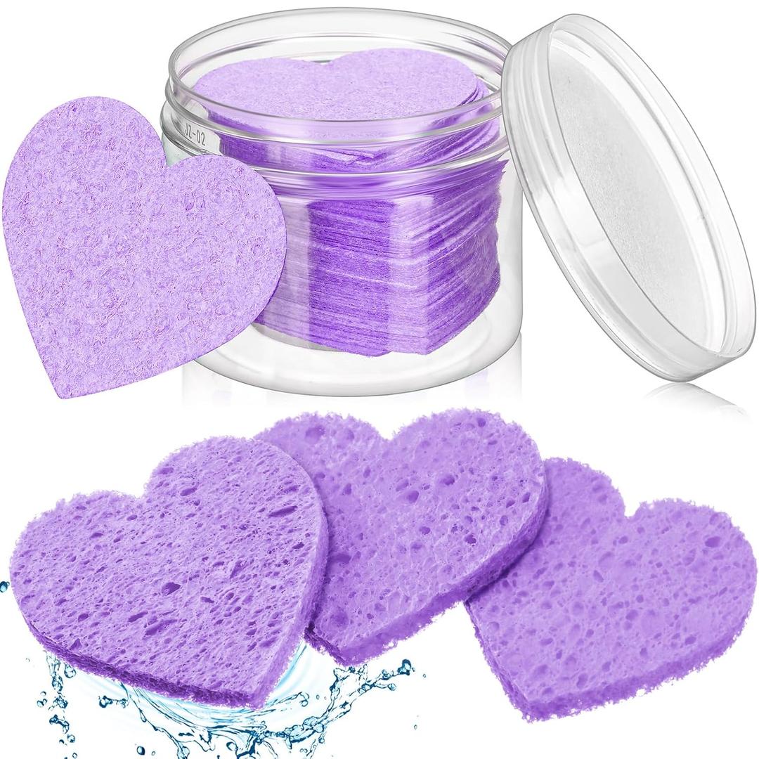 Nuenen 60 Pieces Facial Sponges with Container, Heart Shape Compressed Face Sponges Natural Cleaning Pads for Washing Face Cleaning Exfoliating Esthetician Makeup Removal (Purple)