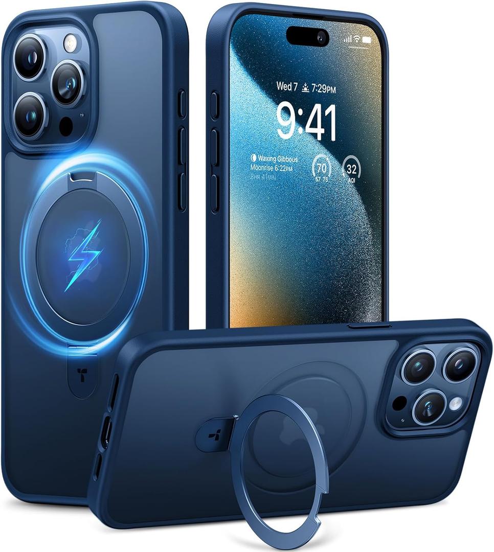 TORRAS Magnetic Ostand for iPhone 15 Pro Max Case, [Military Grade Drop Tested] [Compatible with MagSafe][Build-in Kickstand] Translucent Slim Soft Edge Anti-Fingerprint 6.7" 2023, Blue Titanium