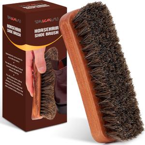 6.7" Horsehair Shoe Shine Brush - 100% Soft Genuine Horse Hair Bristles - Unique Concave Design Wood Handle for Boots, Shoes & Other Leather Care (1pc)