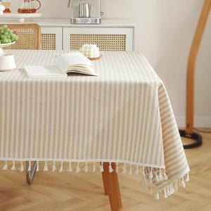 meioro Table Cloth Beige Striped Tablecloth Tassels Cotton Blend Dust-Proof Table Cover for Dining Coffee Buffet Kitchen Picnic Tables, Parties Tablecloths(55 x 120 Inch, Beige)