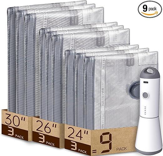 Vacbird 9 Packs Rechargeable Pump Vacuum Bags for Travel Packing, Carryon Size Vacuum Seal Bags for Luggage and Suitcase Compression, Space Saver for Clothes and Clothing Organization