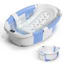 Collapsible Baby Bathtub for Newborn to Toddler 0-36 Months,Spacious Foldable Infant Bath Tub with Thermometer,Cushion & Drain Hole,Portable Travel Tub, Baby Shower Gift Blue