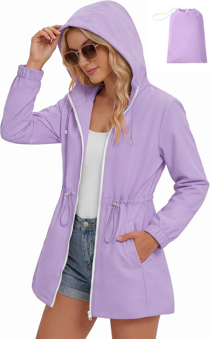 Zando Packable Rain Jacket Women Waterproof - Raincoat for Women Lightweight Hooded Outdoor Windbreaker for Travel Hiking (Purple, S)