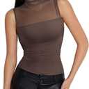 SUUKSESS Women Sexy Mesh Sheer Crop Tank Tops Sleeveless Ruched Going Out Tops (Brown, M)