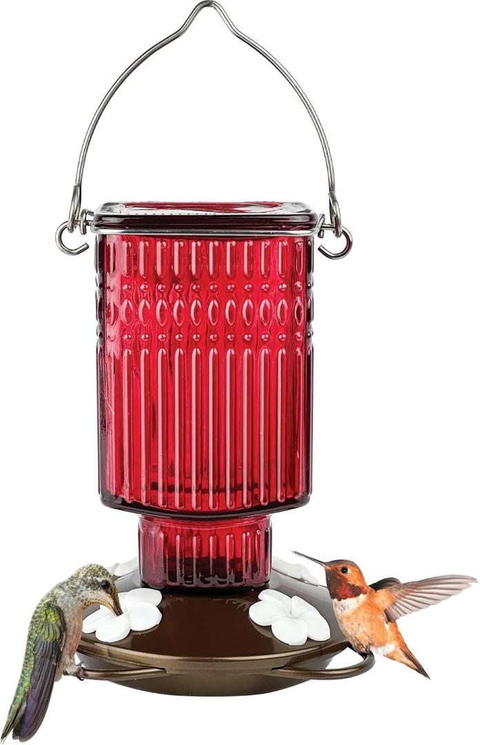 Nature's Way Hanging Glass Hummingbird Feeder for Outdoor Decor, 22 Ounce Capacity Nectar Feeder, 4 Easy to Clean Flexible Ports, Red