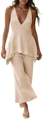Tankaneo Womens 2 Piece Knit Sets Summer Vacation Outfits Deep V Neck Flowy Tank Tops Wide Leg Pants Sweater Matching Sets, Size XL