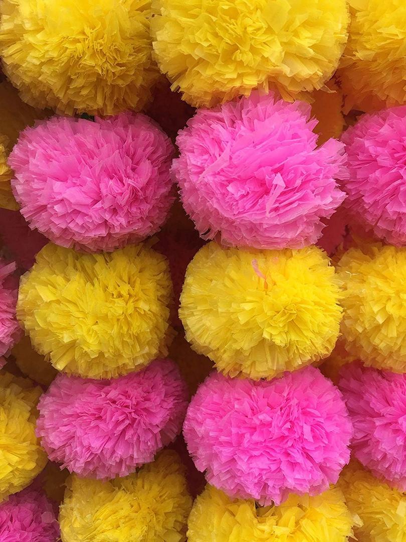 5Pc Marigold Garlands 4.5Ft Artificial Marigold Flower Strands Diwali Decoration Pooja Wedding Home & Indian Festival Dcor Vibrant Floral Faux for Da de Muertos & Day of Dead (Pink & Yellow)