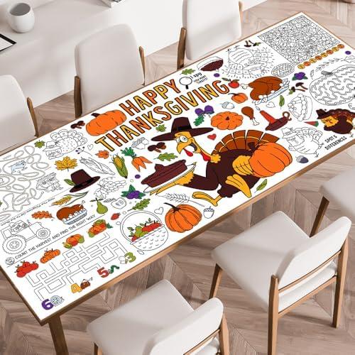 Thanksgiving Tablecloth Decorations, Essentials Thanksgiving Crafts for Kids, Turkey Themed Coloring Poster Games Activities Gifts Banner Table Cover for Fall Children Family School Party Decor