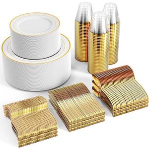 FOCUSLINE 600 Ct Gold Dinnerware Set for 100 Guests  Gold Rimmed Disposable Plastic Plates, Includes 100 Dinner & Salad Plates, Cups, Cutlery Set for Wedding Parties