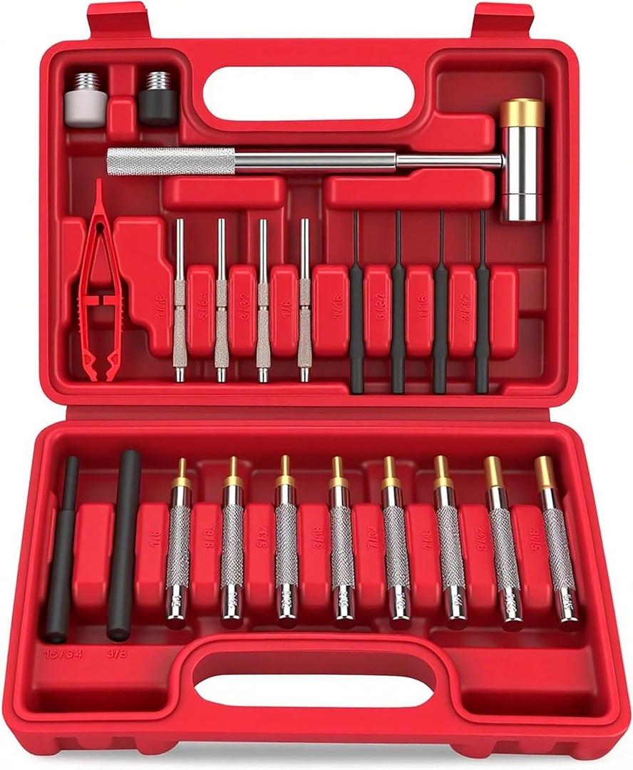 SEDY 22-Pieces Roll Pin Punch Set, Roll Pin Starter Punch, Brass, Steel, Plastic Punches, 4 Heads Hammer & 1 Plastic Tweezers. Red Storage Carring Case provided