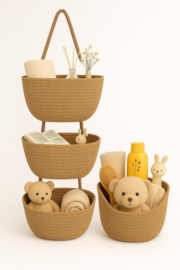 Japanese Handmade Cotton Rope Hanging Basket Organizer  3 Tier Wall boho Storage Organizer for Toys , Snacks & Dcor  Eco-Friendly Coiled Weaving Craft, Housewarming & Shower Gift (brown)