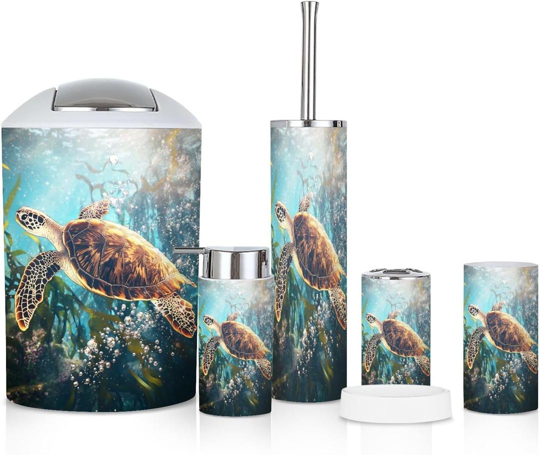 6 Piece Bathroom Accessories Set Sea Turtle Adventure Whimsical Kelp Forest Storybook Art Trash can Toilet Brush Holder Toothbrush Holder Toothbrush Cup Soap Dispenser Soap Dish for Home