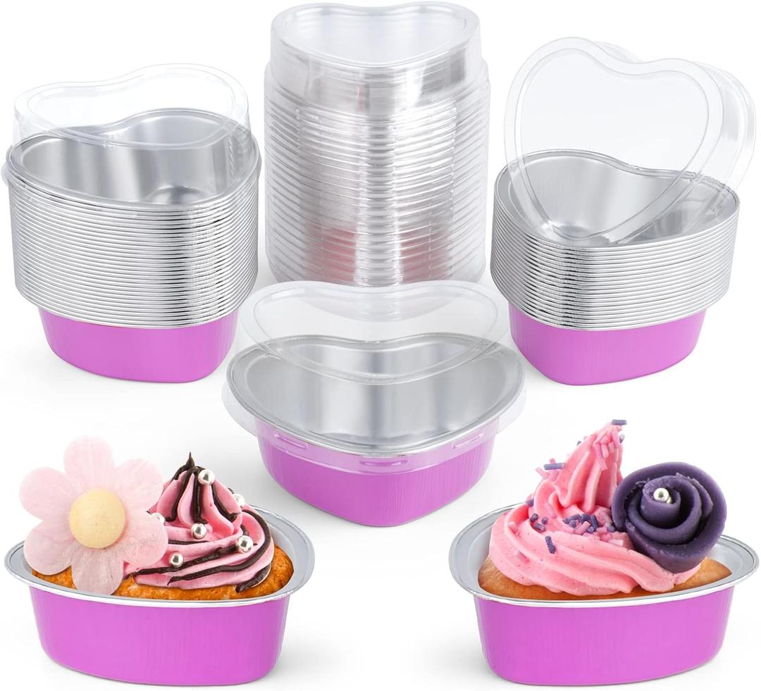 ELECLAND 50Set Pink Heart Cake Pans 3.4oz Aluminum Foil Heart Shaped Cake Pan with Lids Dessert Baking Cup Liners Cupcake Containers for Valentines Wedding Christmas Birthday Mother's Day Party Decor