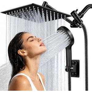 Shower Head, 8 inch Multifunction High Pressure Rain Shower Head with Handheld Spray Combo with 11'' Angle Adjustable Extension Arm/Flow Regulator/Shower System Matte Black