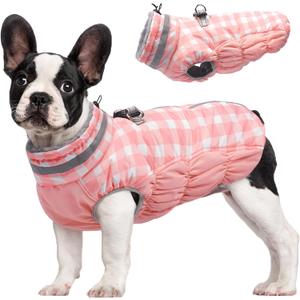 FUAMEY Dog Coat for Small Dogs,Waterproof Dog Winter Jacket with Harness Built in Puppy Cold Weather Coats Reflective Pet Vest with Zipper Warm Fleece Dogs Snowsuit Windproof Pink Plaid S