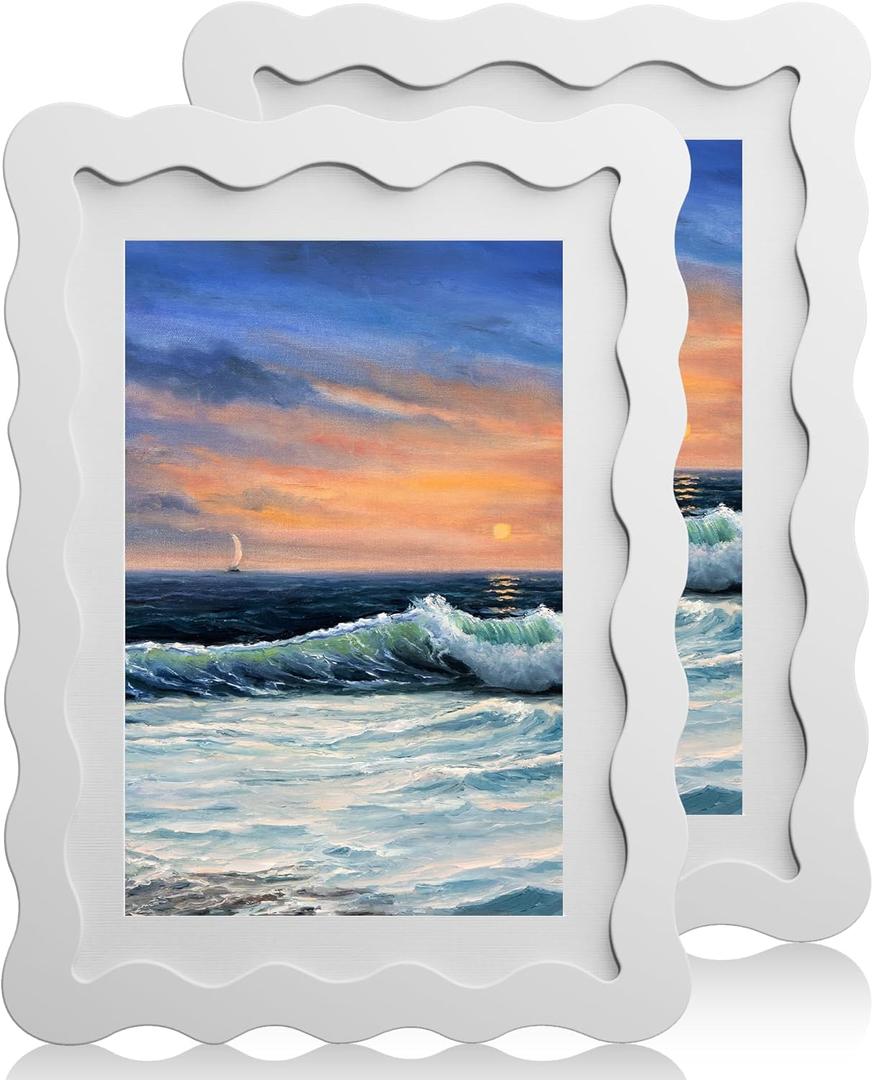 5x7 Wavy Picture Frame With Mat For 4x6, Wavy Edge Wooden Picture Frame with Real Glass - Wall Mount and Tabletop Display, White, 2 Pack