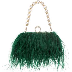 Women Real Natural Ostrich Feather Evening Bags Purses Clutch Vintage Banquet Handbag (Darkgreen)