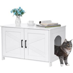 Homhedy Cat Litter Box Enclosure, Wooden Cat Washroom Furniture with Barn Door, Pet House, Fit Most of Litter Box, White (31.5L x 19.7W x 19.7H)