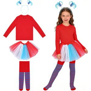 Girls Tulle Tutu Costume Set - Blue/Red Skirt, Red T-Shirt, Stretch Striped Pants & Headband for Birthday Party (125-135cm)