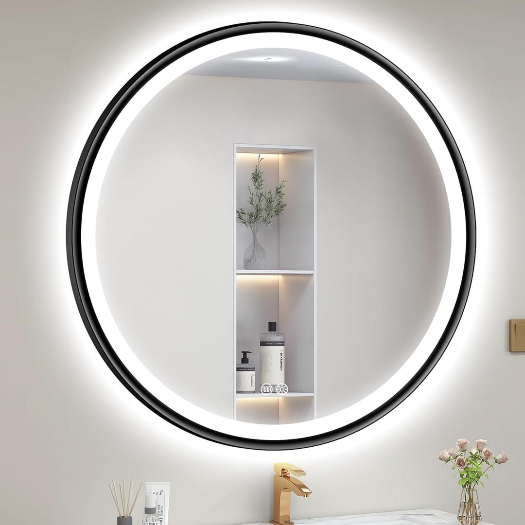 S'bagno 32'' Round Black LED Mirror for Bathroom with Frontlit & Backlit, LED Vanity Mirror with Metal Frame, Anti-Fog, Stepless Dimmable, 3 Color Temperature