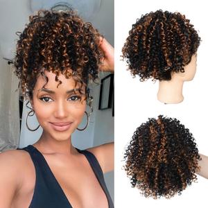 Kinky Curly Brown Short Drawstring Ponytail Extension for Black Women,Short Curly Highlight Brown Drawstring Ponytail Extension Synthetic Blonde Messy Bun Hair Piece 10Inch F1B/30