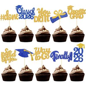 FoldTier Graduation Decorations 2026 100 Pcs Graduation Cupcake Toppers Congrats Grad Class of 2026 Cupcake Picks Toppers Diploma Supplies for Party Decorations(Blue, Gold)