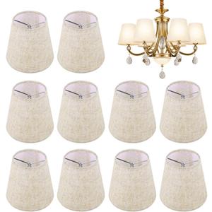 Set of 10 Chandelier Lamp Shades, Mini Barrel Lampshades Clip On for Table Lamp Wall Lamp Replacement, Natural Linen Small Lamp Shade, 3.5x5x5.5in (Top Height Bottom)