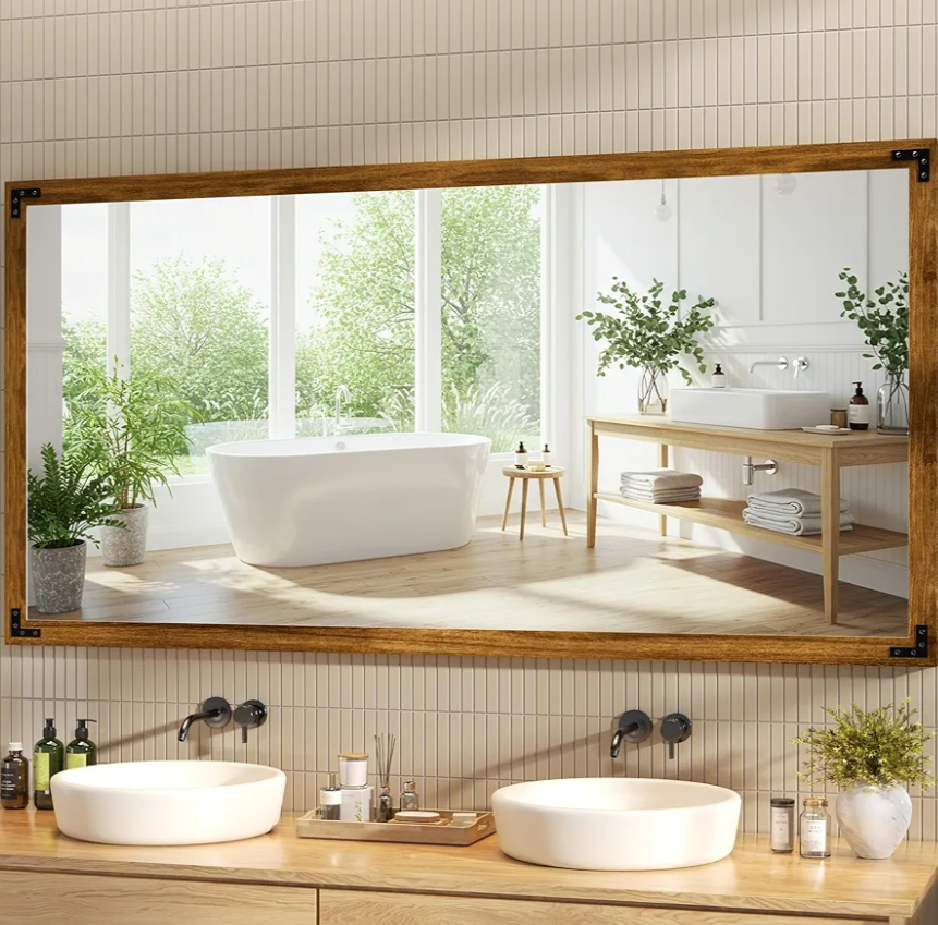 Hasipu Farmhouse Bathroom Mirror, 60"x30" Rustic Wood Framed Wall Mounted Mirror, Walnut Vintage Vanity Mirror Modern Farmhouse Style Decrative Mirrors