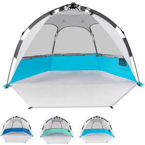 2-3 Person Large Instant Pop Up Beach Tent, UV Protection Portable Easy Setup Sun Shade Shelter, Extended Floor with 3 Ventilating Mesh Windows for Outdoor Camping Fishing (Light Blue)