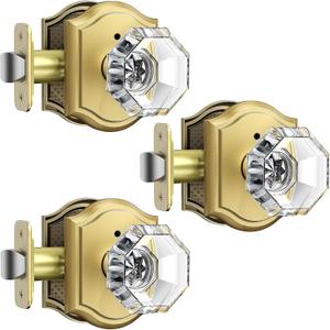 3 Pack Glass Door Knob, Octagon Shaped Crystal Door Knobs with Lock, Satin Brass Door Knobs Interior Glass