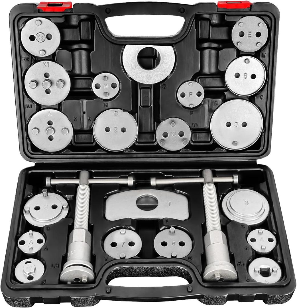 BILITOOLS Brake Caliper Compression Tool, 22-Piece Heavy Duty Disc Brake Caliper Piston Rewind Wind Back Tool with 18 Adapters