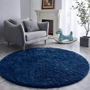 FJZFING Navy Blue Round Rug Ultra-Soft Plush Modern 4x4 Circle Area Rug for Kid's Bedroom, Fluffy Shag Circular Rug for Nursery Room, Non-Slip Home Decor Cute Navy Blue Carpet for Teen's Room