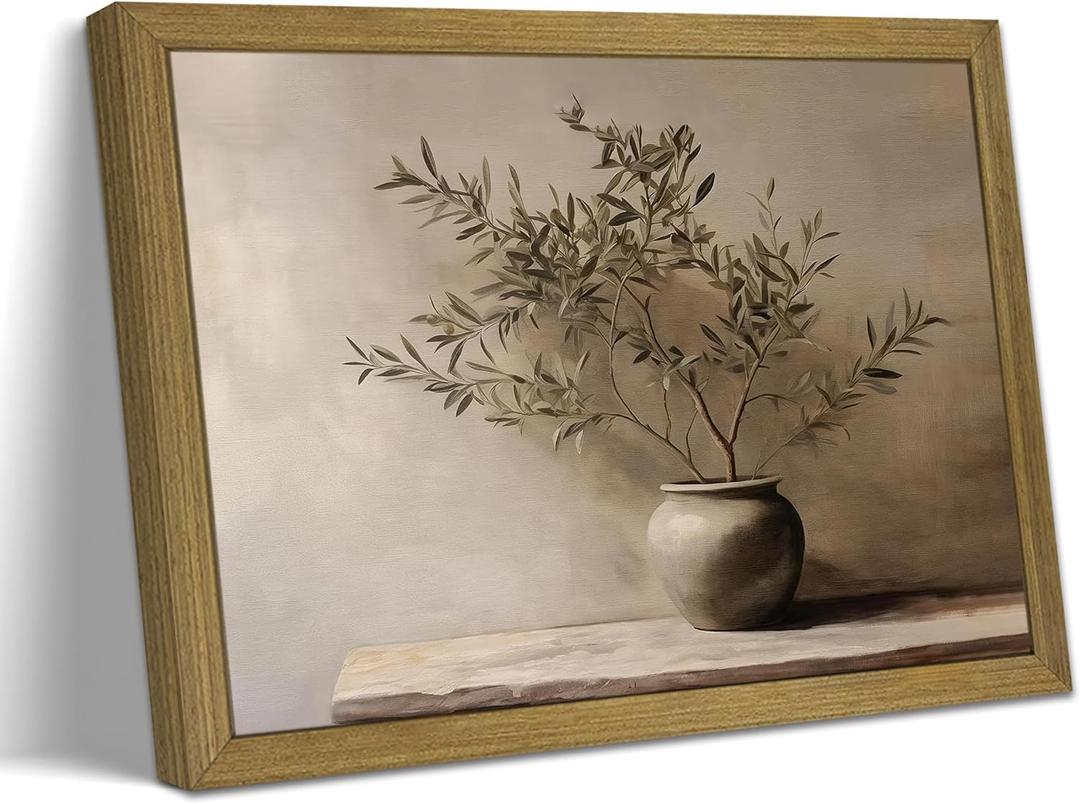 Wood Framed Olive Tree Canvas Wall Art, Minimalist Botanical Plant Vase Painting, Rustic Farmhouse Neutral Still Life Print Picture for Living Room Bedroom Kitchen Office Home Wall Decor 8x10 Inch