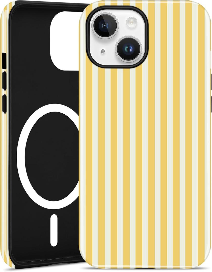 Jusy Compatible with MagSafe Striped Phone Case for iPhone 14 Pro, Cute Aesthetic Magnetic Soft TPU and Hard PC Protective Phone Cover for Women GirlsShiny - Yellow