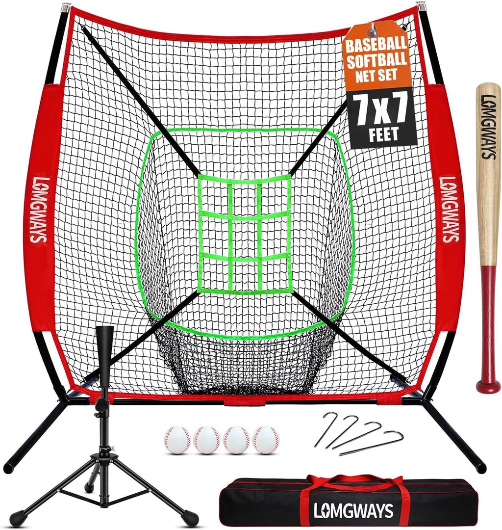 7'x7' Portable Baseball Net Set - Batting, Hitting & Pitching Practice Net with Baseball Tee, Carrying Bag, for All Skills