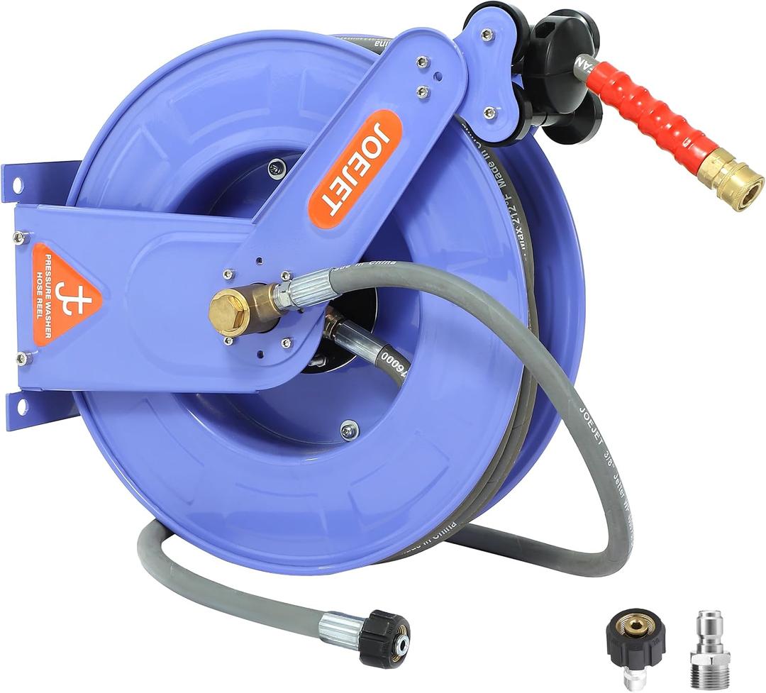 JOEJET Retractable Pressure Washer Hose Reel, 3/8" x 50 FT Power Washer Hose Reel with Hose, Wall/Floor Mounted, 4000 PSI, Blue